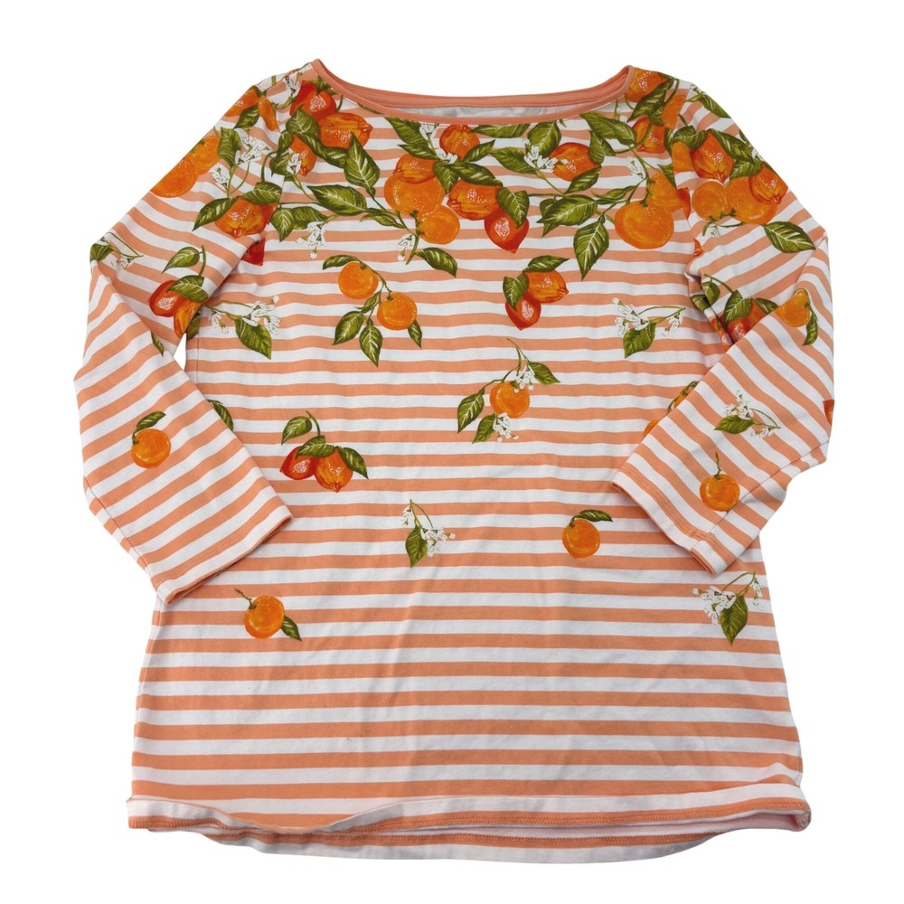 Talbots Petite Small Orange White Striped Citrus Fruit Print 3/4 Sleeve Tee SP